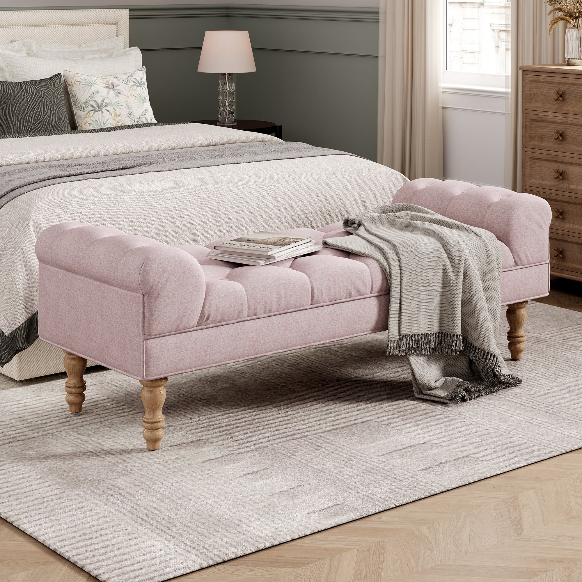 Button-Tufted End of Bed Bench in Pink
