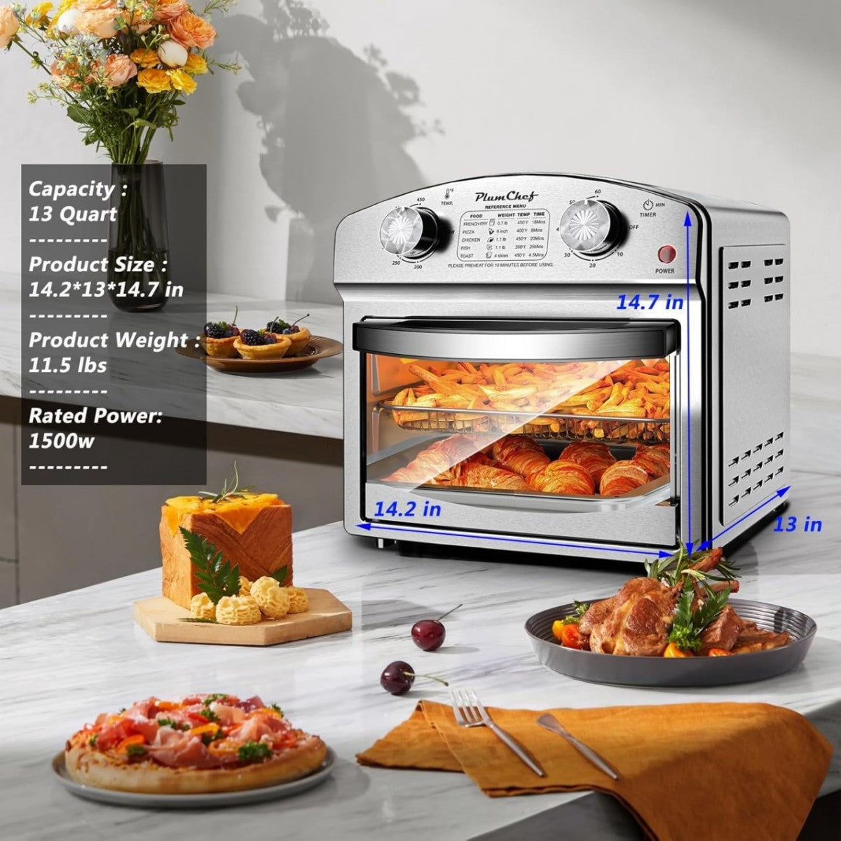 12.5 Quart 7-in-1 Stainless Steel Convection Toaster Oven 1500W 5 Pre-Set Menus Silver