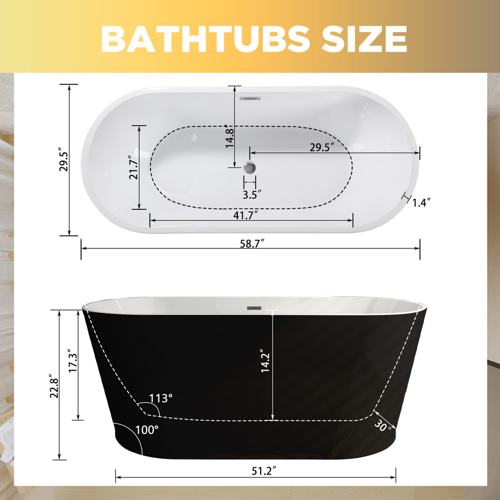 59" Black Freestanding Soaking Tub