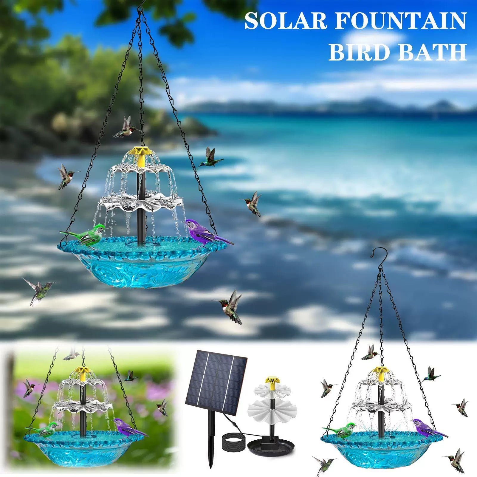Solar Hummingbird Fountain Bird Bath with 3-Tier Cascade