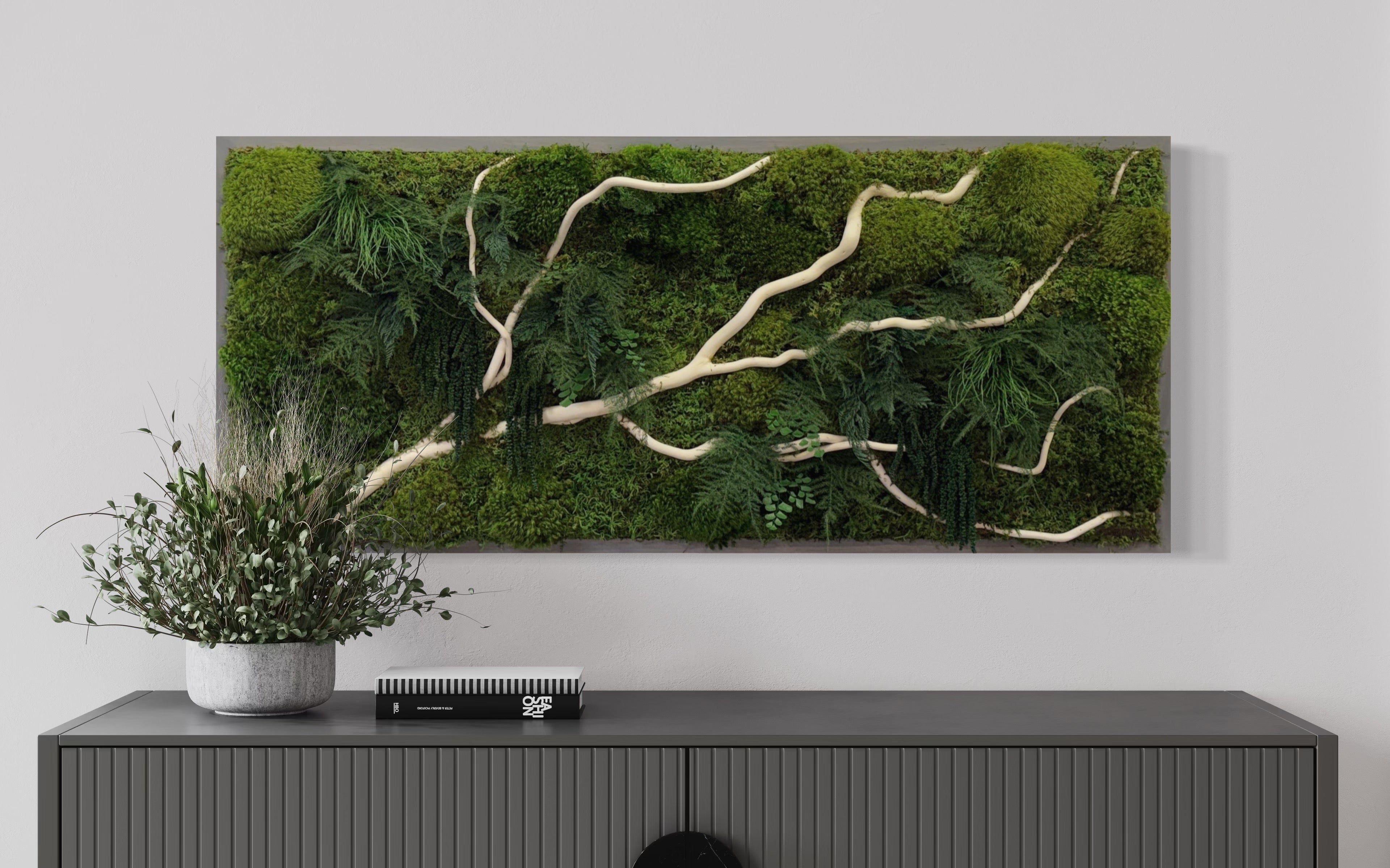 Handmade 40” x 18” White Branch Moss & Ferns Plant Painting