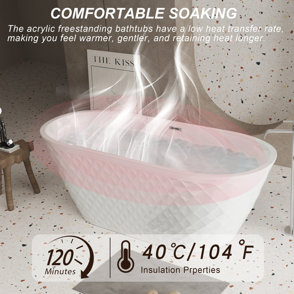 67'' acrylic freestanding bathtub with unique diamond pattern design: spacious oval shape,  Gloss white finish, Chrome overflow and pop-up drain CUPC