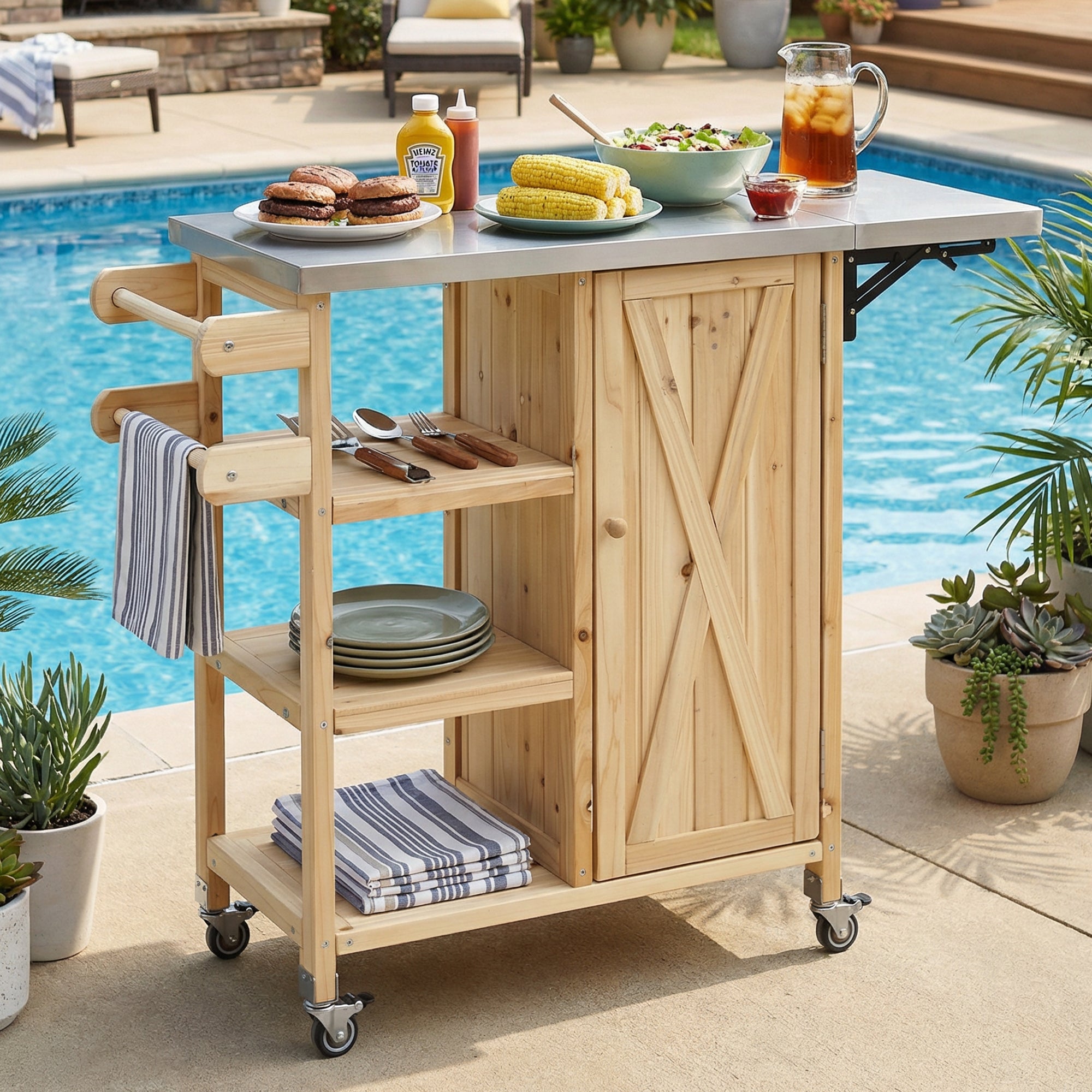 Foldable Outdoor Kitchen Island - Portable Prep Station with Wheels