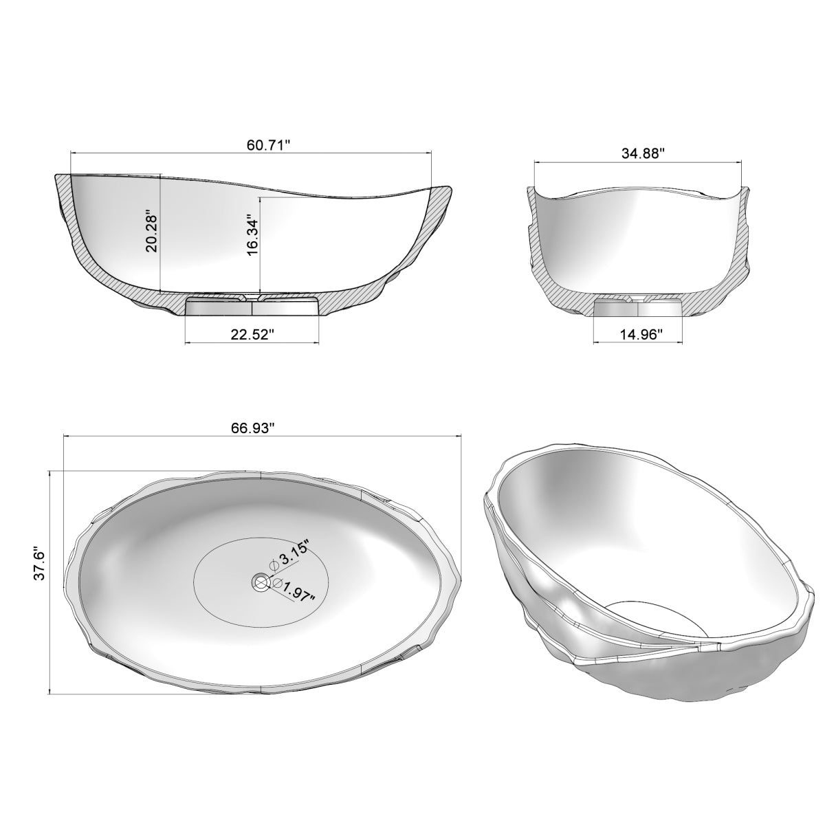 67 inch Freestanding Solid Surface Soaking Bathtub 25S52-17PS