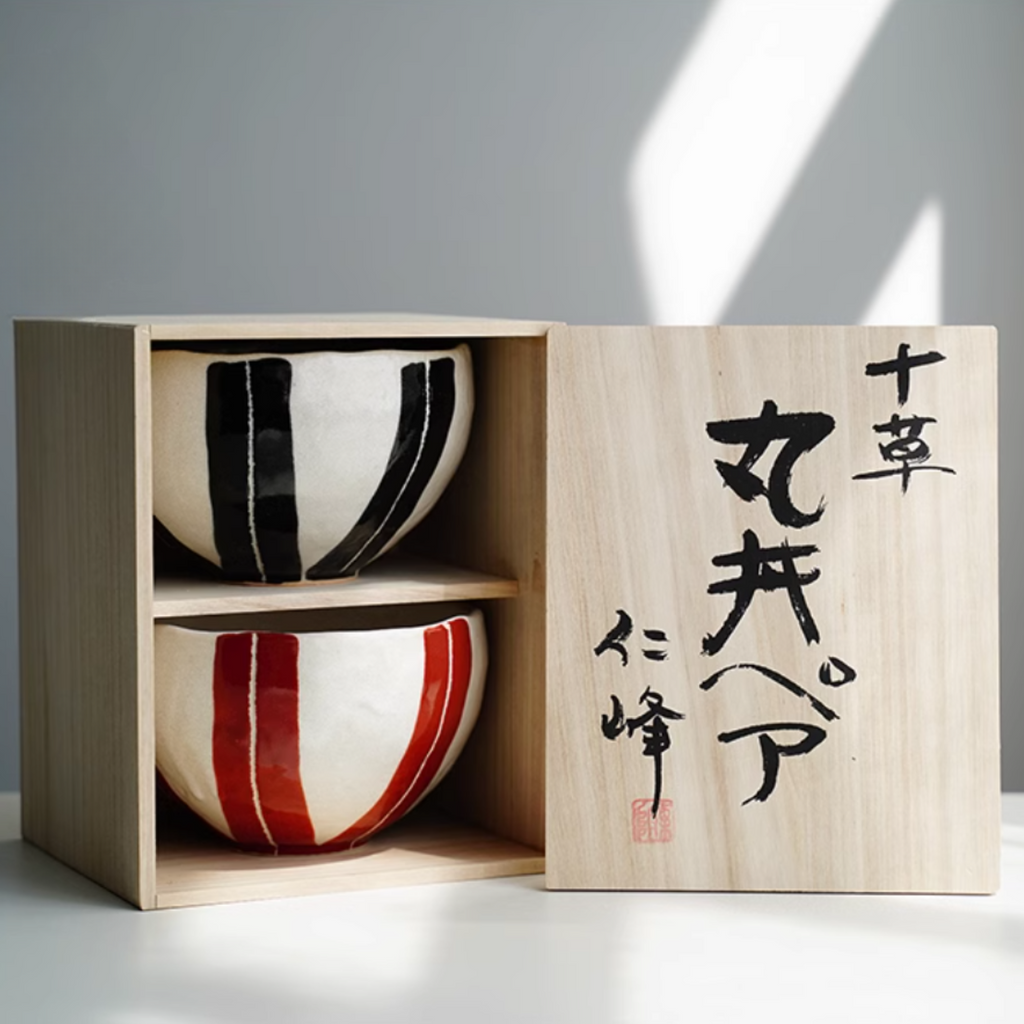 Mino Ware Vintage Underglaze Tokusa Couple Bowl Set – Wooden Box Edition