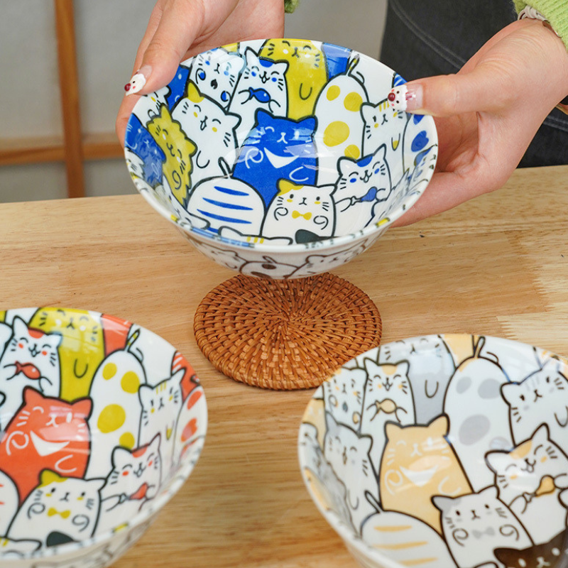 Mino Ware Cat and Dog Series Underglaze Rice Bowl