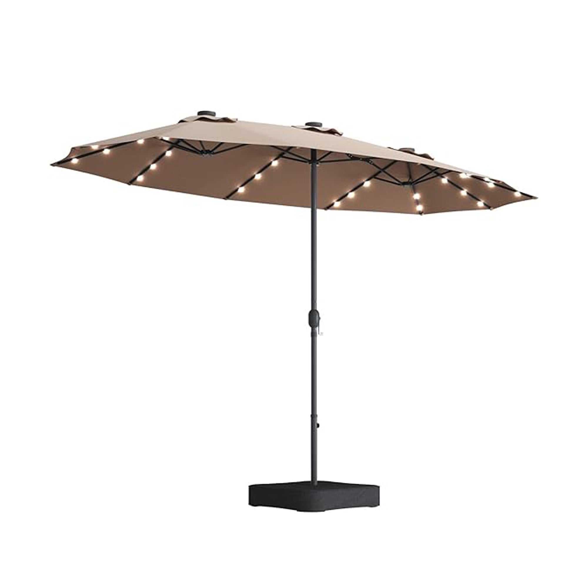 Beige patio umbrella with LED lights on a white background