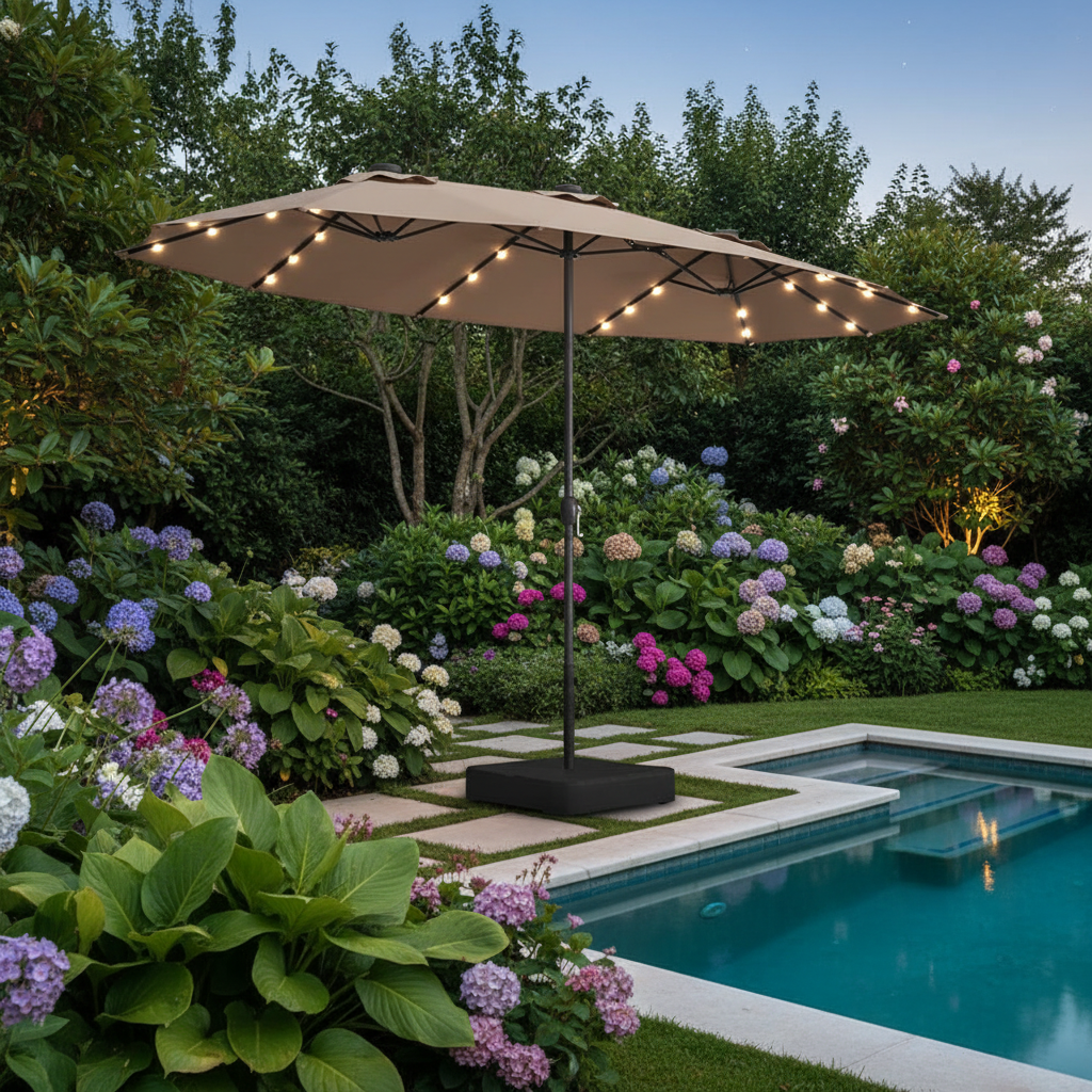 Beige patio umbrella with LED lights on a white background
