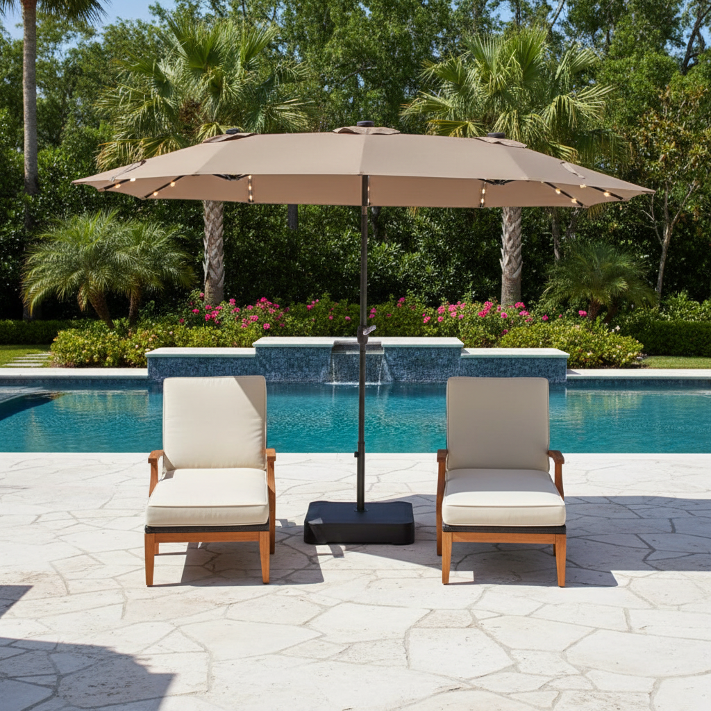 15×9 ft Double-Sided Rectangular Patio Umbrella with LED Lights & Base — UPF50+, Taupe