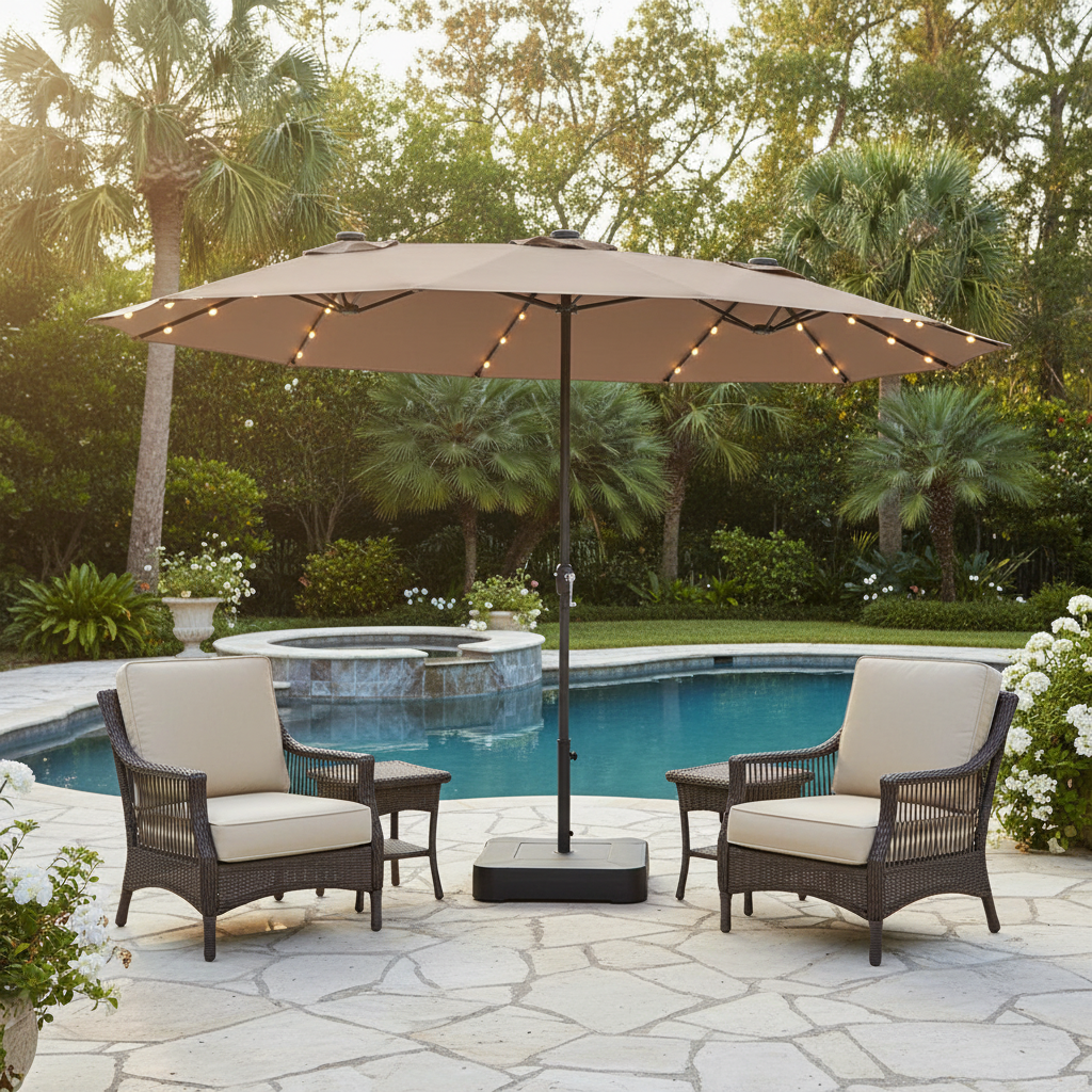 15×9 ft Double-Sided Rectangular Patio Umbrella with LED Lights & Base — UPF50+, Taupe