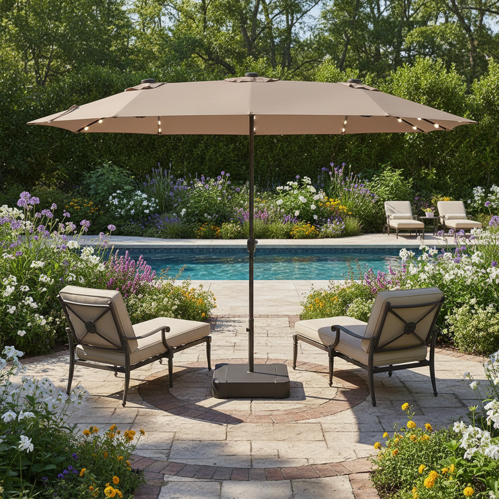 15×9 ft Double-Sided Rectangular Patio Umbrella with LED Lights & Base — UPF50+, Taupe