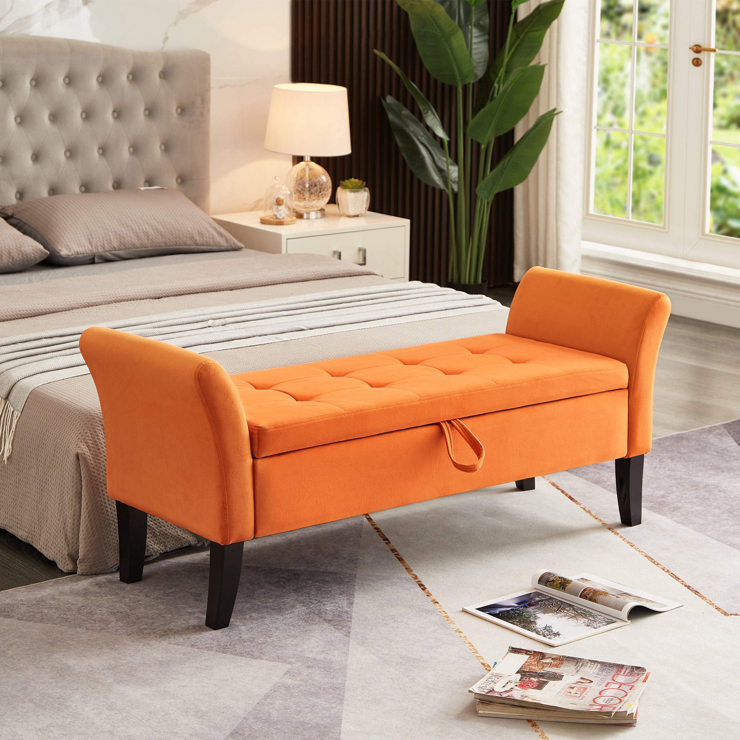 Velvet Storage Bench with Curved Arms in Orange
