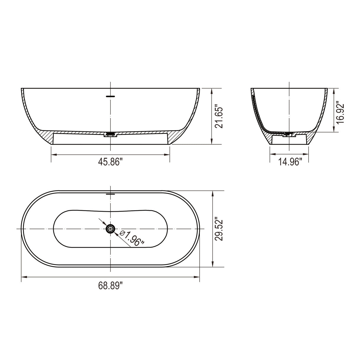 68.9 inch freestanding solid surface soaking bathtub for bathroom