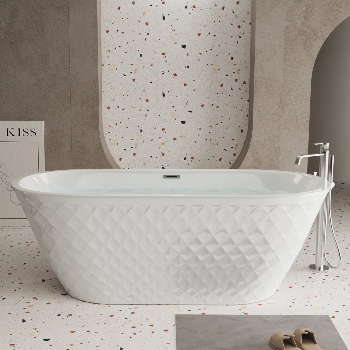 67'' acrylic freestanding bathtub with unique diamond pattern design: spacious oval shape,  Gloss white finish, Chrome overflow and pop-up drain CUPC