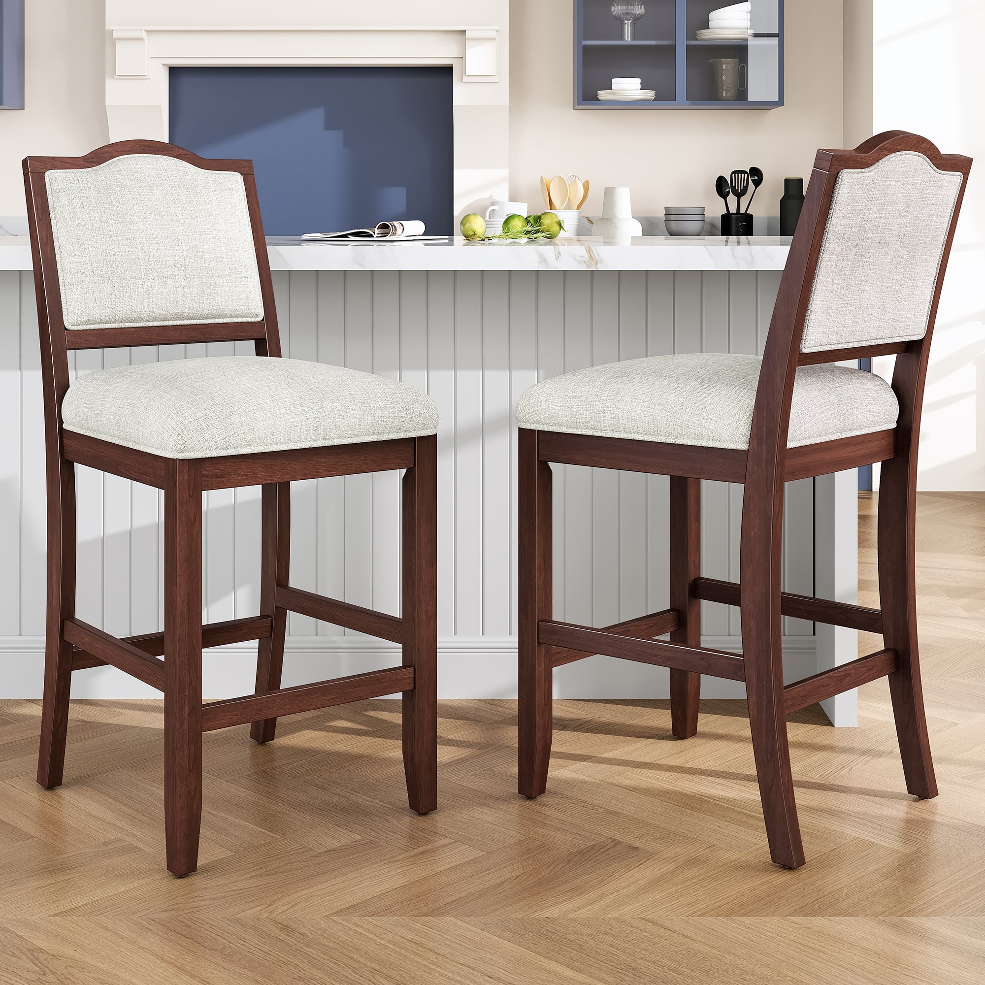 Rubberwood Counter Stools Set of 2 – Ergonomic Back, Cherry