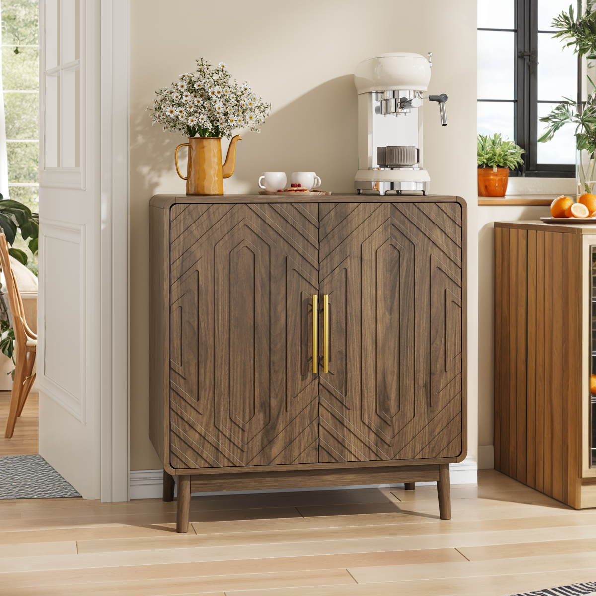 Modern Farmhouse Sideboard Cabinet 4 Door Buffet Storage with Carved Details and Adjustable Shelves