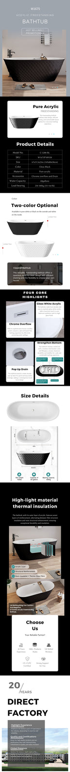 67'' acrylic freestanding bathtub with unique diamond pattern design: spacious oval shape, Black finish, Chrome overflow and pop-up drain CUPC