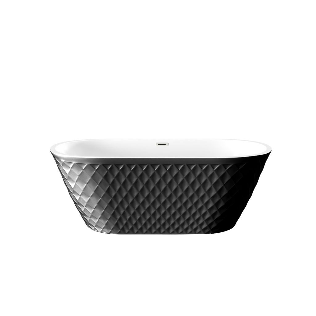 67'' acrylic freestanding bathtub with unique diamond pattern design: spacious oval shape, Black finish, Chrome overflow and pop-up drain CUPC