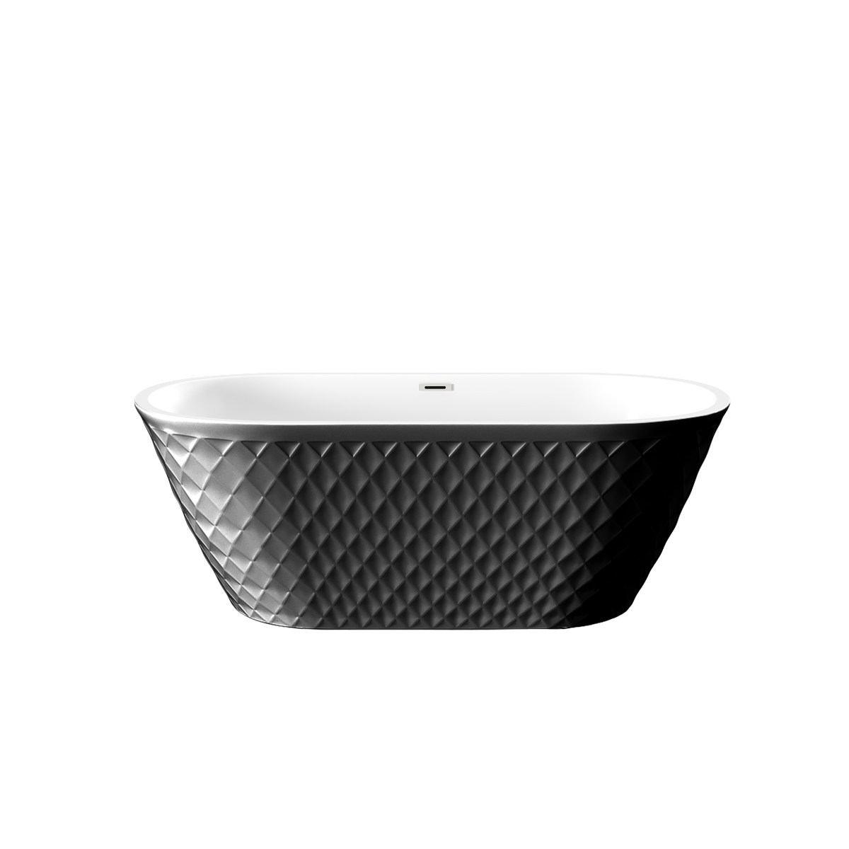 67'' acrylic freestanding bathtub with unique diamond pattern design: spacious oval shape, Black finish, Chrome overflow and pop-up drain CUPC