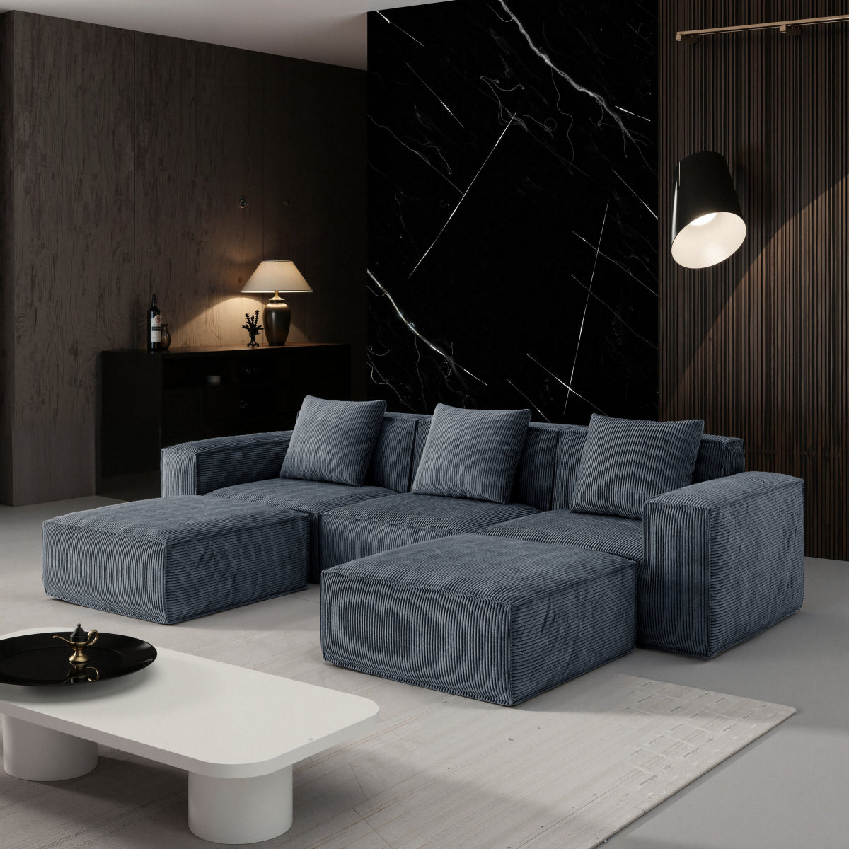 ShineHome 118 Inch Modular Sofa Bed Gray Corduroy Cloud Velvet Fabric With Flexible Configuration And Two Footrests