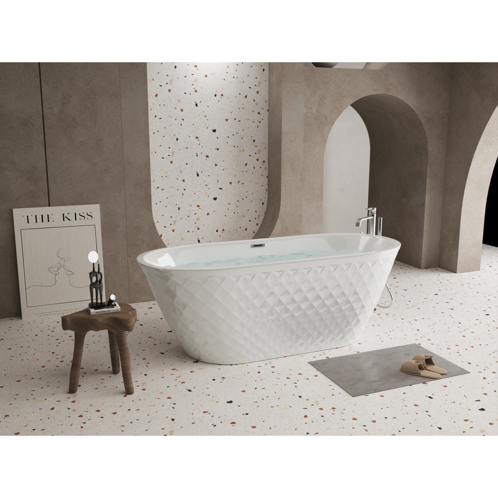 67'' acrylic freestanding bathtub with unique diamond pattern design: spacious oval shape,  Gloss white finish, Chrome overflow and pop-up drain CUPC