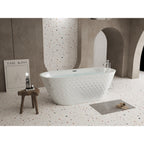 67'' acrylic freestanding bathtub with unique diamond pattern design: spacious oval shape,  Gloss white finish, Chrome overflow and pop-up drain CUPC