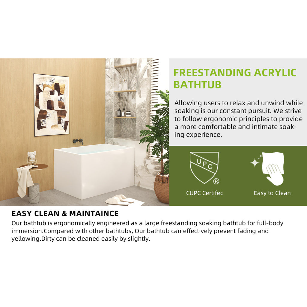 43" Acrylic Freestanding Bathtub with seat: Spacious rectangle Shape, Gloss White Finish, Chrome Overflow & Pop-Up Drain