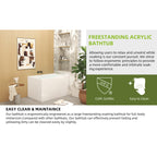 43" Acrylic Freestanding Bathtub with seat: Spacious rectangle Shape, Gloss White Finish, Chrome Overflow & Pop-Up Drain