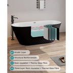 67'' acrylic freestanding bathtub with unique diamond pattern design: spacious oval shape, Black finish, Chrome overflow and pop-up drain CUPC