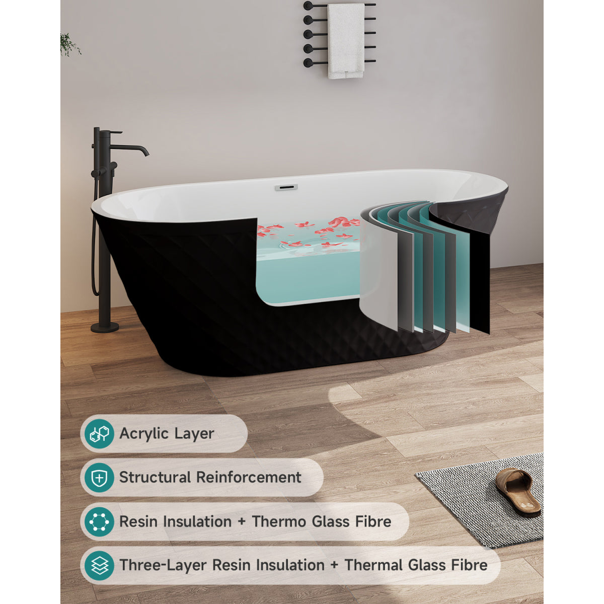 67'' acrylic freestanding bathtub with unique diamond pattern design: spacious oval shape, Black finish, Chrome overflow and pop-up drain CUPC