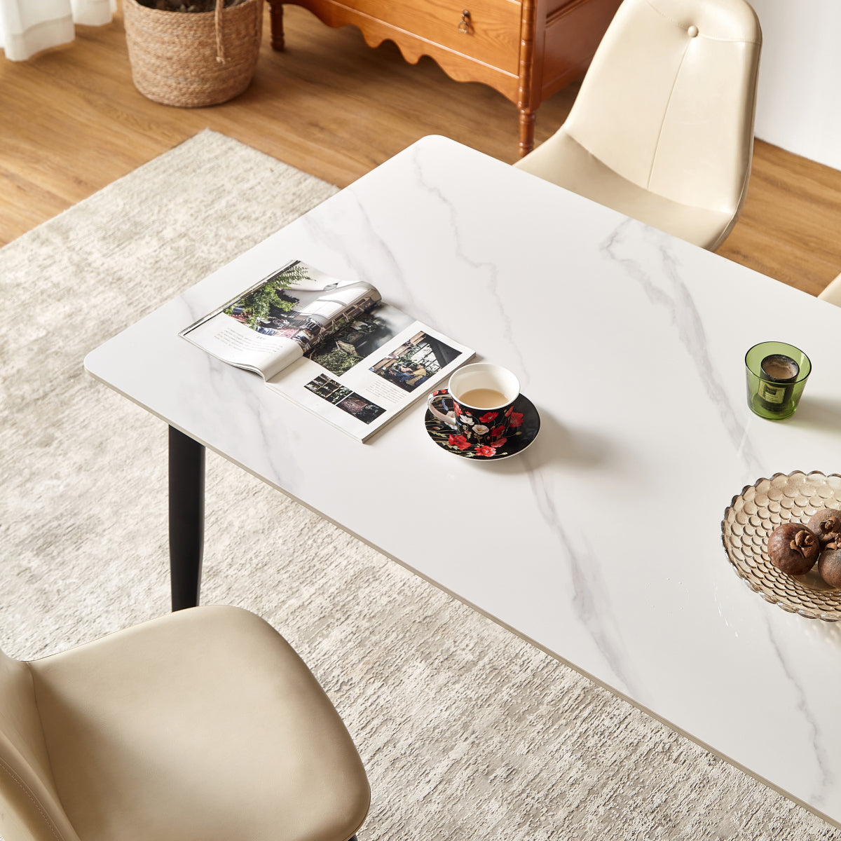 55 Inch White Porcelain Rectangular Dining Table with Metal Legs Mid Century Modern Kitchen Table