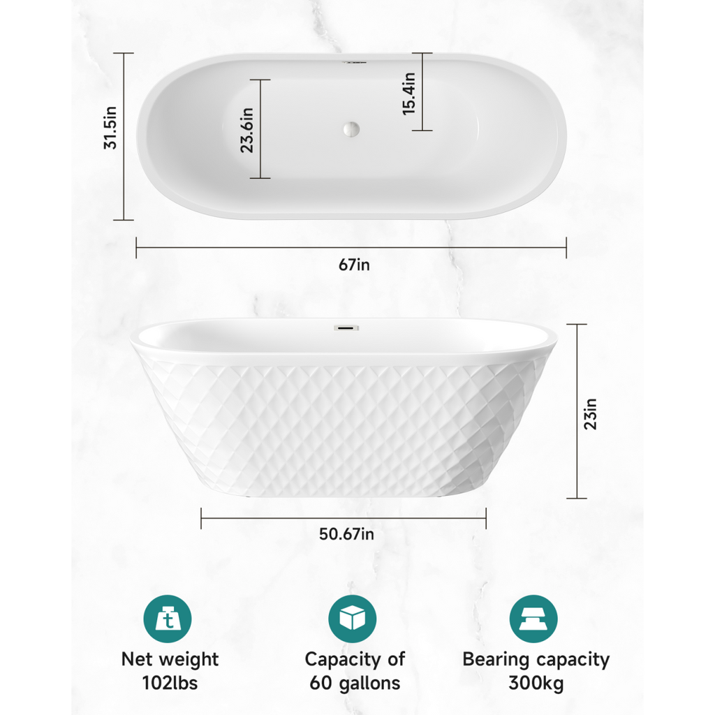 67'' acrylic freestanding bathtub with unique diamond pattern design: spacious oval shape,  Gloss white finish, Chrome overflow and pop-up drain CUPC