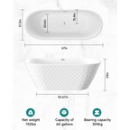 67'' acrylic freestanding bathtub with unique diamond pattern design: spacious oval shape,  Gloss white finish, Chrome overflow and pop-up drain CUPC