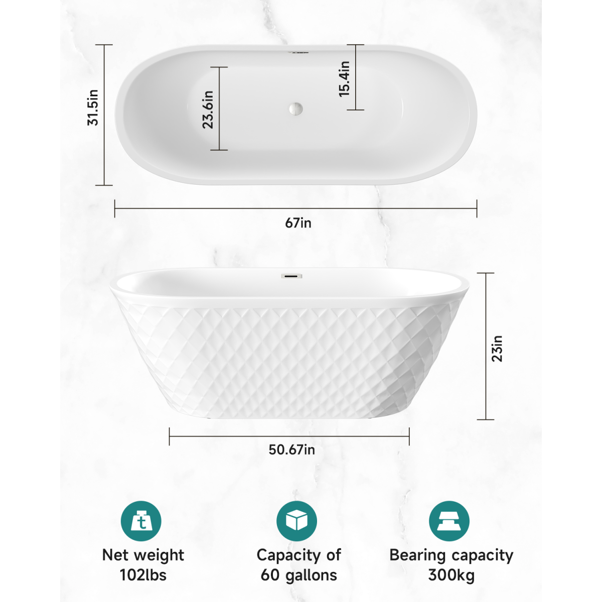 67'' acrylic freestanding bathtub with unique diamond pattern design: spacious oval shape,  Gloss white finish, Chrome overflow and pop-up drain CUPC