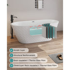 67'' acrylic freestanding bathtub with unique diamond pattern design: spacious oval shape,  Gloss white finish, Chrome overflow and pop-up drain CUPC