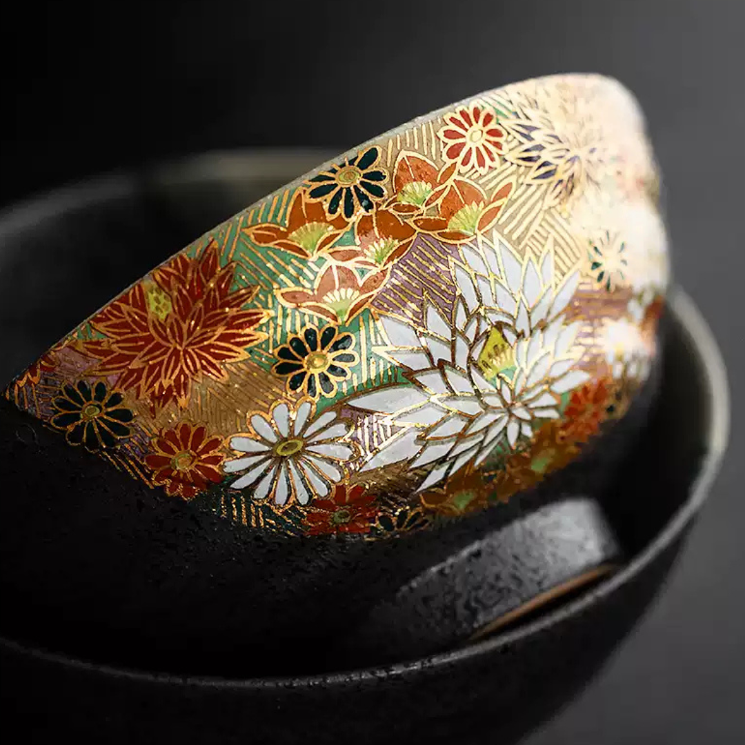 Kutani Ware Golden Floral Sea Rice Bowl Set