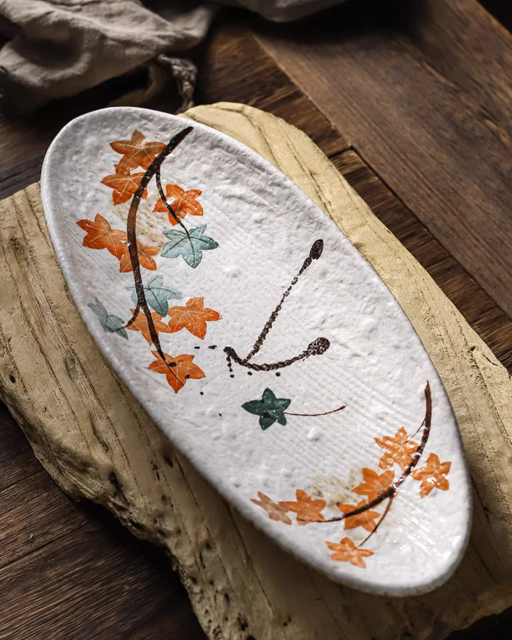 Fukutora Ware Hand-Painted Maple Leaf Sushi Plate