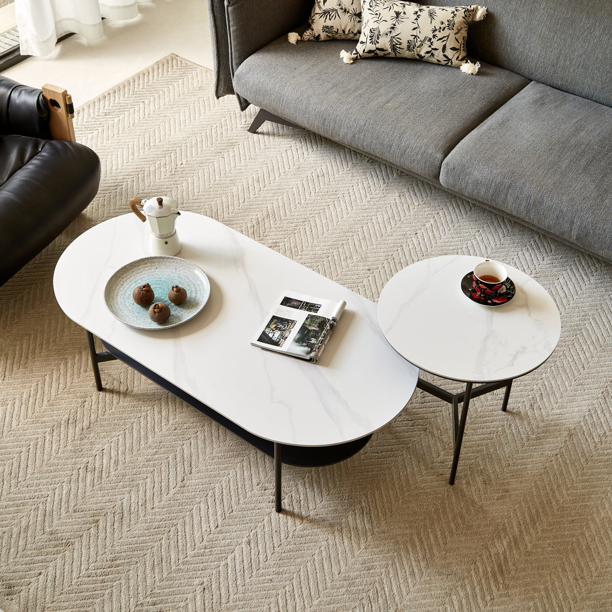 Contemporary Ceramic Coffee Table for Living Room White Glossy Top with Warm Coffee Brown MDF Bottom Shelf Double Layer Functional Design