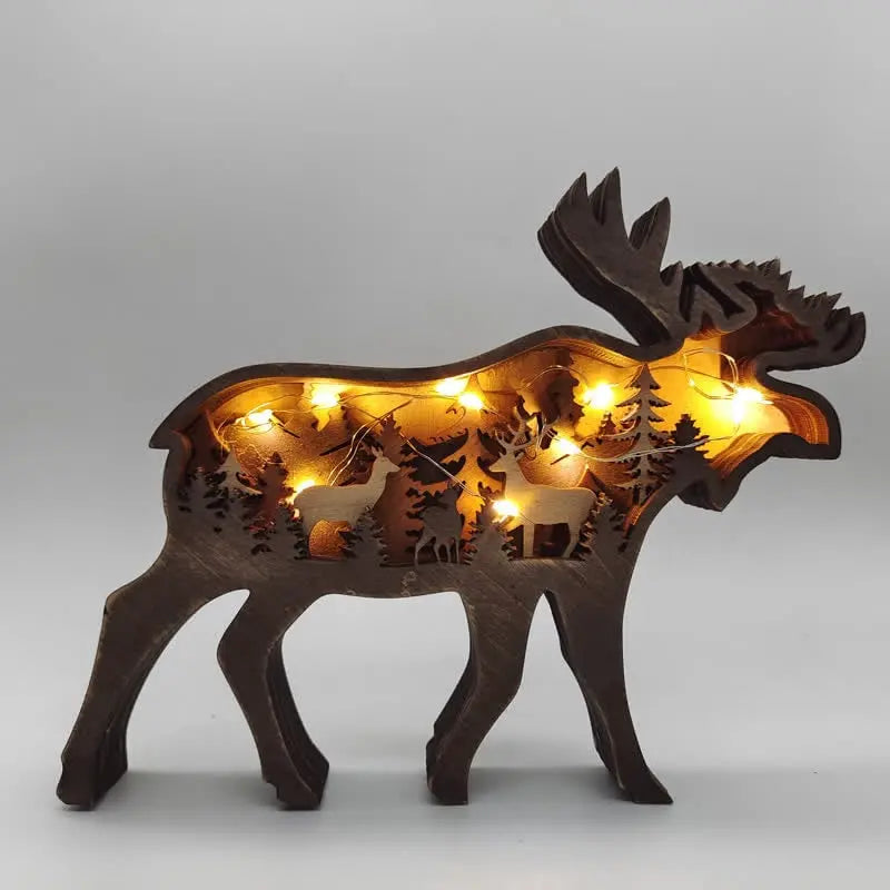 3D Animals Wooden Crafts with Light Deer Moose Home Decor for Wall and Tabletop