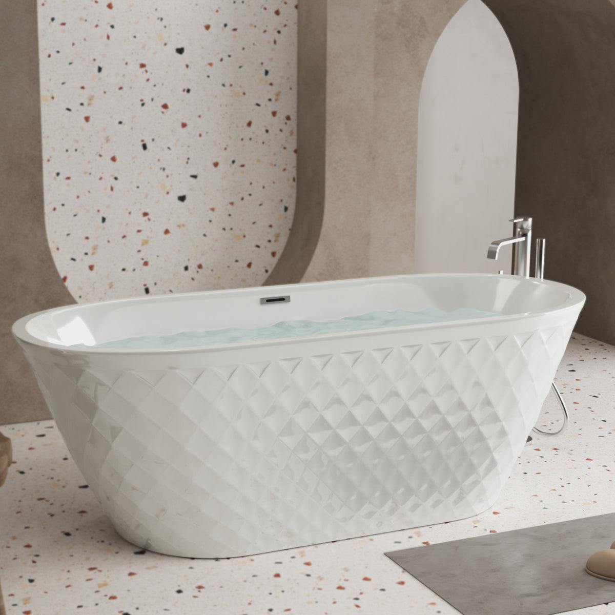 67'' acrylic freestanding bathtub with unique diamond pattern design: spacious oval shape,  Gloss white finish, Chrome overflow and pop-up drain CUPC