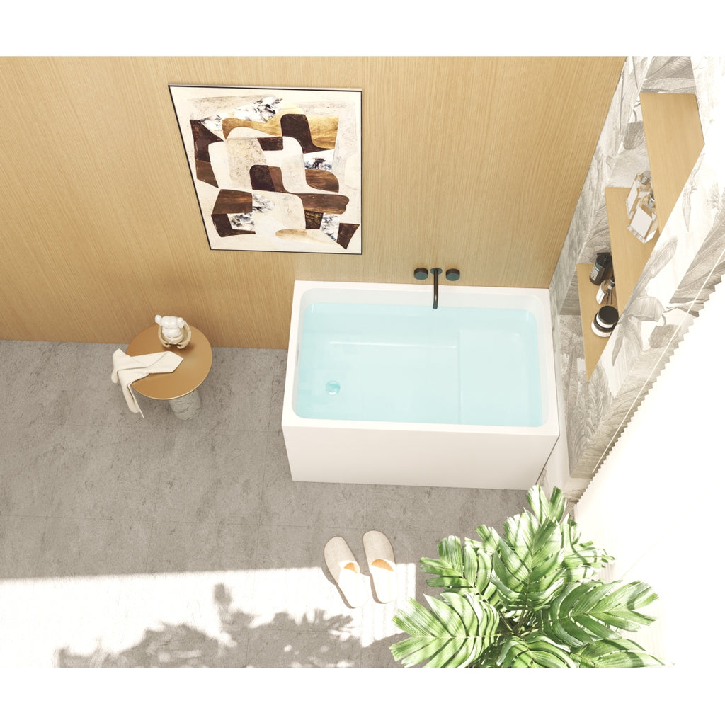 43" Acrylic Freestanding Bathtub with seat: Spacious rectangle Shape, Gloss White Finish, Chrome Overflow & Pop-Up Drain