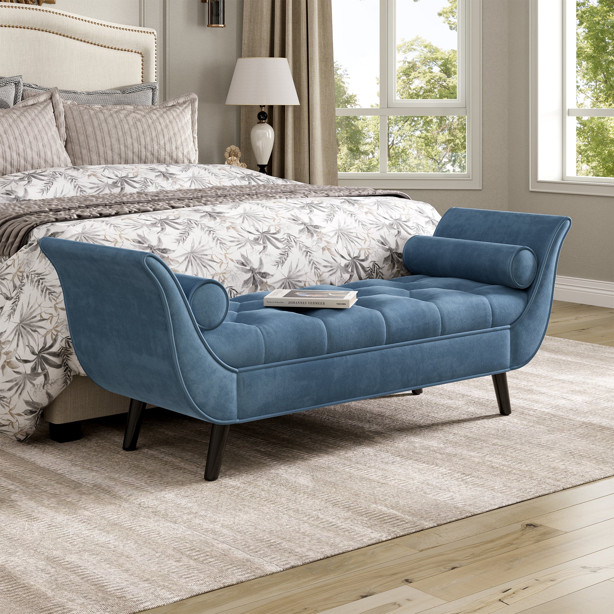 Upholstered Velvet Bench with 2 Pillows in Blue