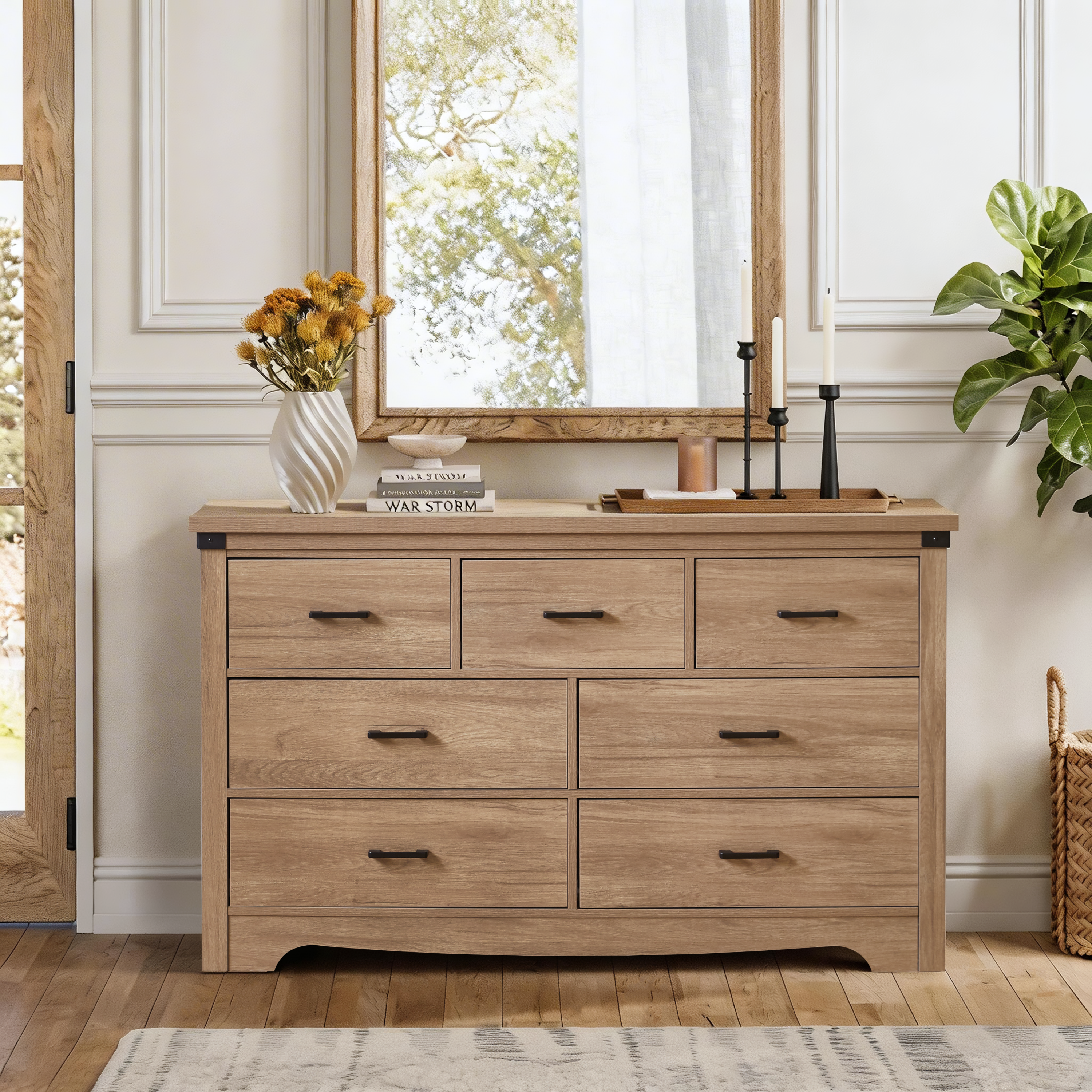 Farmhouse 7-Drawer Dresser – Metal Handles, Stable Base, Oak