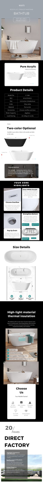 67'' acrylic freestanding bathtub with unique diamond pattern design: spacious oval shape,  Gloss white finish, Chrome overflow and pop-up drain CUPC