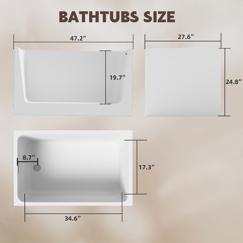 47" Acrylic Freestanding Bathtub ,Spacious rectangle Shape, Gloss White Finish, Chrome Overflow & Pop-Up Drain CUPC Certificate