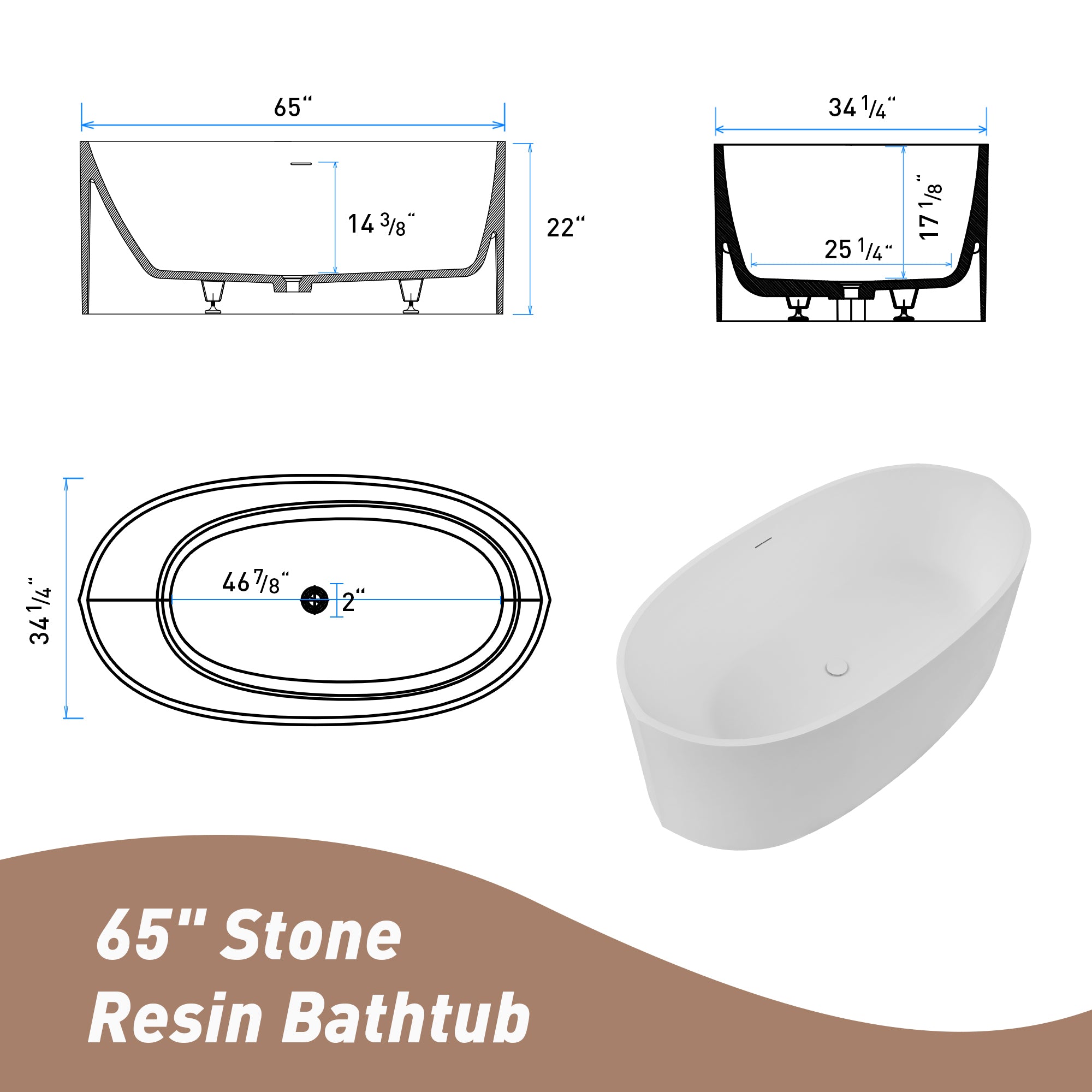 Luxury 65" Matte White Bathtub