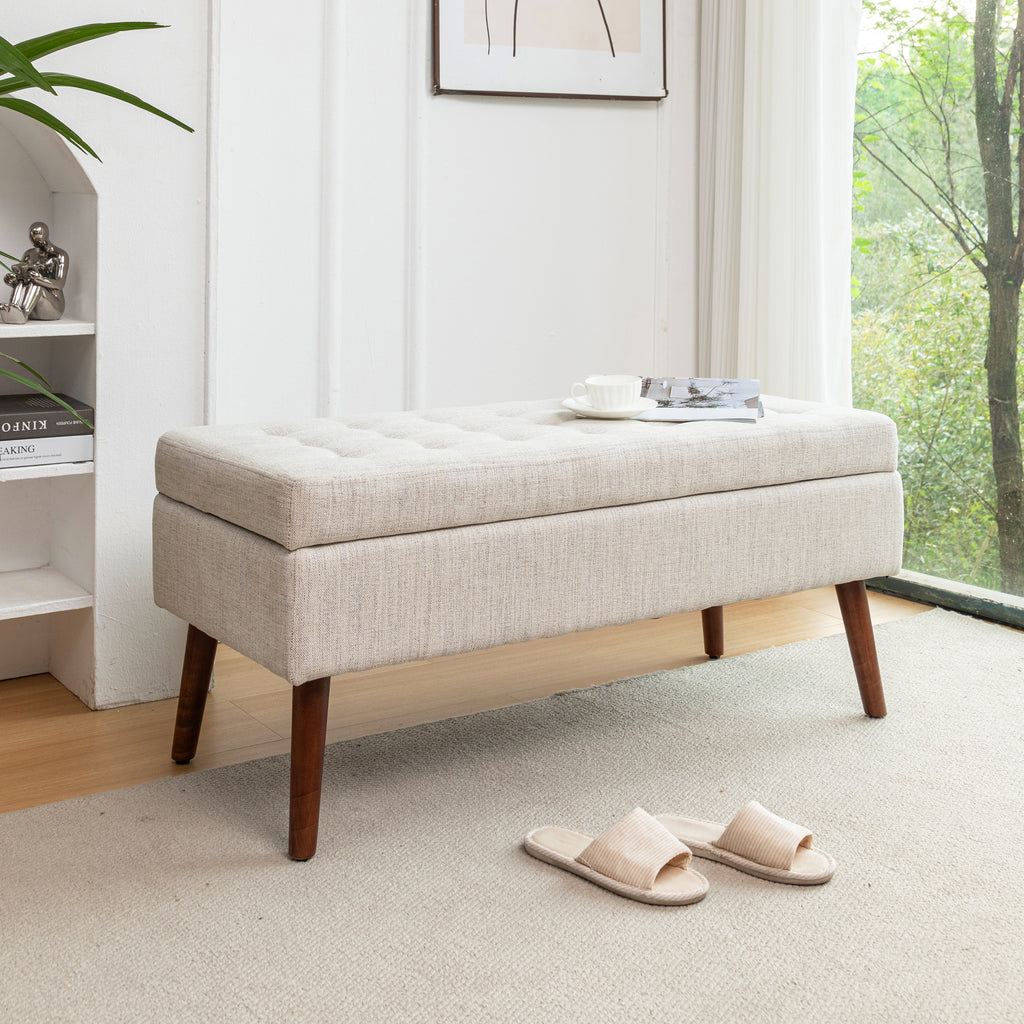 43.7" Storage Bench - Off-White Linen Ottoman with Safety Hinge