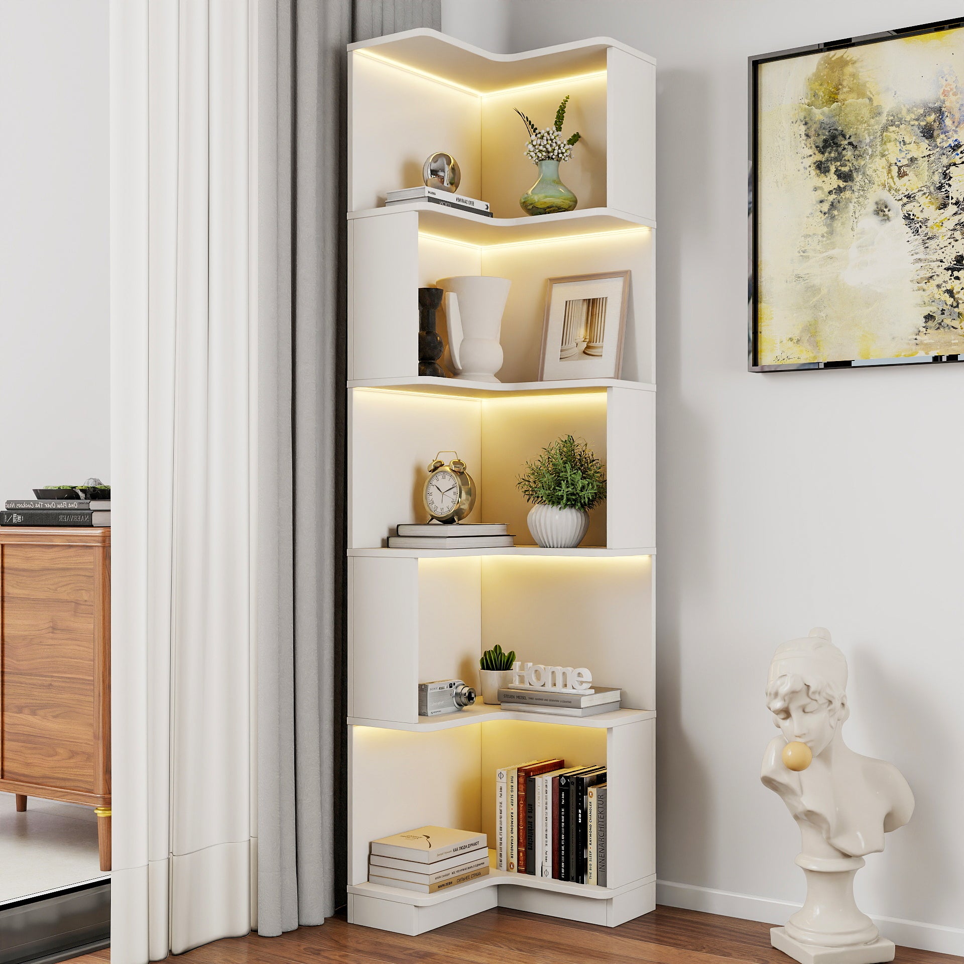 5-Tier Corner Bookshelf with LED Lights – L-Shaped, MDF