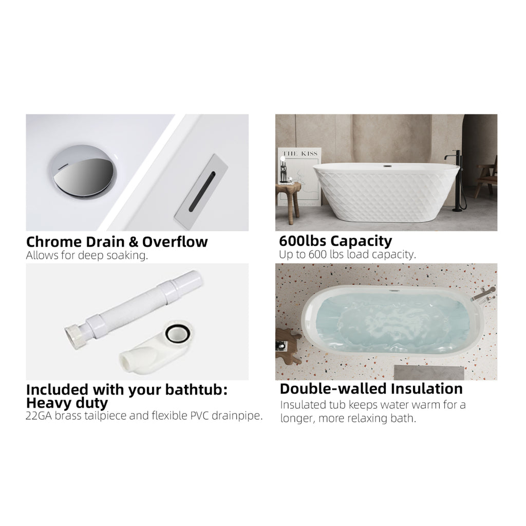 67'' acrylic freestanding bathtub with unique diamond pattern design: spacious oval shape,  Gloss white finish, Chrome overflow and pop-up drain CUPC