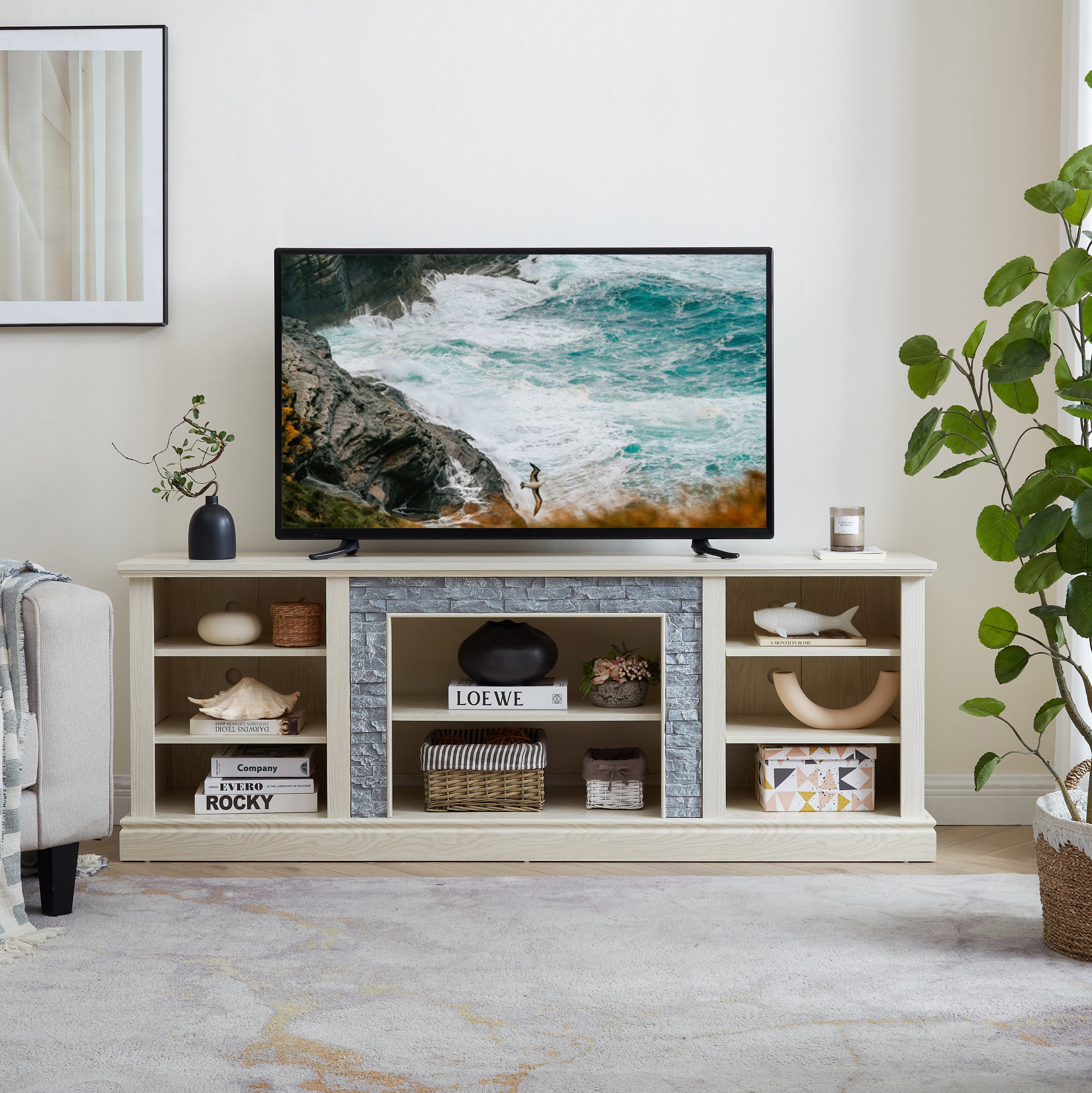 70" White TV Stand with Faux Stacked Stone Surround, Large Storage Cabinet & 4 Adjustable Shelves